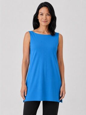 EILEEN FISHER NWT M Fine Jersey Long Tank Tunic Top in Calypso Blue Sleeveless